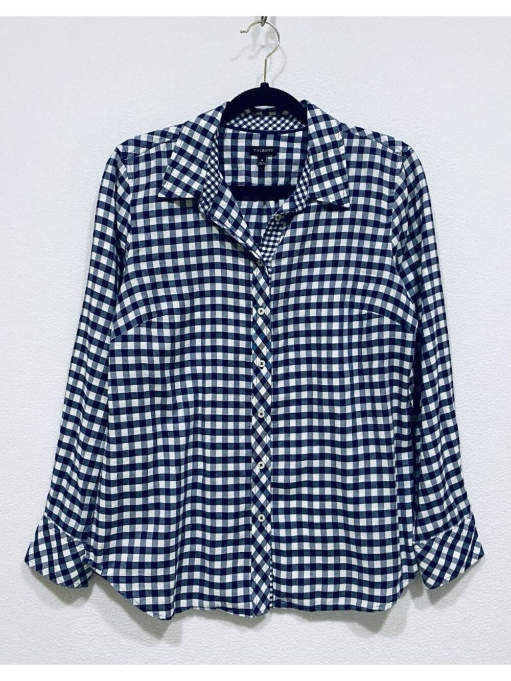 Talbots Top Womens Medium Navy Blue Gingham Button Up Contrast Cuff Preppy